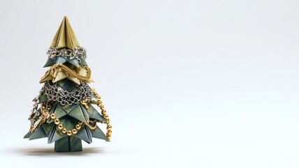 Festive origami tree adorned with gold and silver jewelry