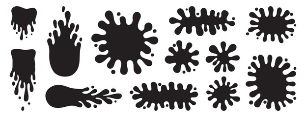 Round ink splatter flat collection. Paint splash shapes black set. decorative shapes liquids. Grunge splashes and in groovy cartoon style © Yanka