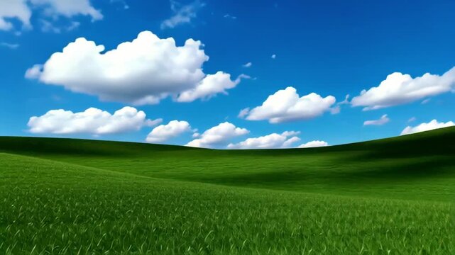 Vast green rolling hills under a bright blue sky with fluffy white clouds