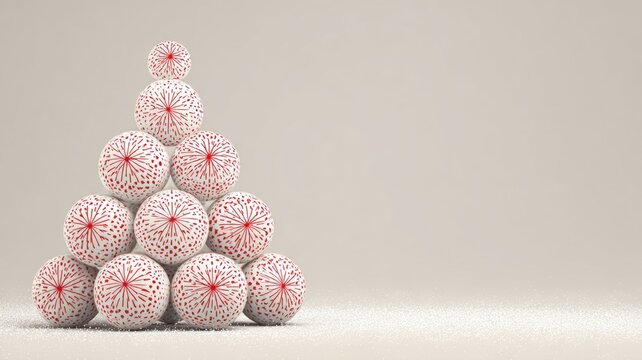 Festive pyramid of red and white patterned balls on beige background for holiday decor