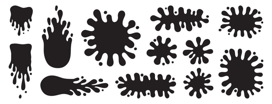 Round ink splatter flat collection. Paint splash shapes black set. decorative shapes liquids. Grunge splashes and in groovy cartoon style