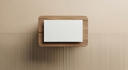 Minimalist top-down view of a blank white card on a natural wooden tray, perfect for branding mockups and clean design presentations