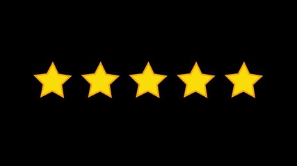 All Five Stars Rotating in Rating Row. A complete five star rating row where every star gracefully spins. Video with alpha channel on transparent background showing. - Powered by Adobe