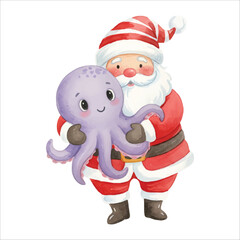 Santa Claus Holding Octopus Vector Isolated on White Background Christmas
