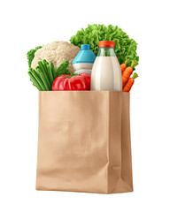 Brown paper grocery bag filled with fresh produce and dairy products