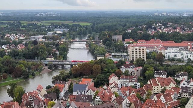Cityscape of Ulm from the heights of Ulm Minster is Gothic church, one of tallest cathedrals in world. Panoramic aerial view, city life. Baden-W&uuml;rttemberg. Germany.