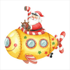 Santa Claus in Submarine Vector Isolated on White Background Christmas
