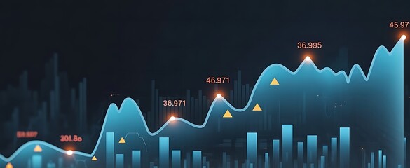 Financial market data analysis with glowing 3D bar and line charts on dark background showing economic trends and growth concept visualization. 3D.