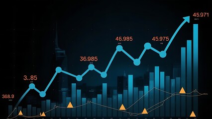 Financial market data analysis with glowing 3D bar and line charts on dark background showing economic trends and growth concept visualization. 3D.