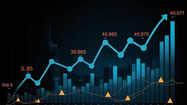 Financial market data analysis with glowing 3D bar and line charts on dark background showing economic trends and growth concept visualization. 3D. - Powered by Adobe