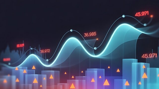 Financial market data analysis with glowing 3D bar and line charts on dark background showing economic trends and growth concept visualization. 3D.