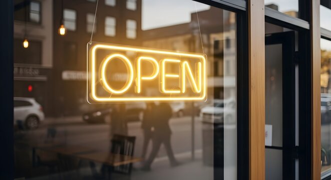 Neon Open Sign in Shop Window Welcoming Customers to Enter Storefront Business - Powered by Adobe