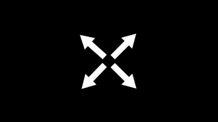 Expanding and Contracting Arrows Animation. Animated arrows move outward toward the corners and then smoothly return to the center, with alpha channel on transparent background.