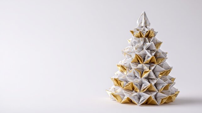Elegant golden and white origami christmas tree on white background