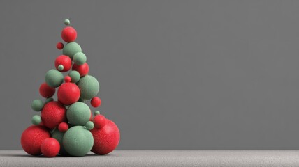Modern geometric christmas tree with red and green spheres on gray background