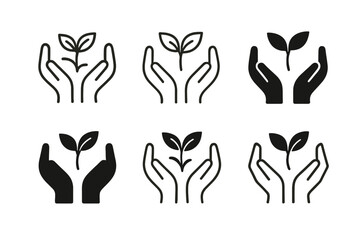 Sustainable Icons Collection. Corporate sustainability goals. Icon set. Set Logo of Corporate Sustainability Goals: hands protecting a small plant. harmonious