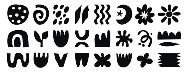 Abstract doodle elements with spirals, plants and wavy lines in naive style. Monochrome line art, hand drawn.