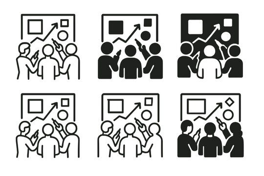 Business Planning Logos. A business team using a whiteboard for planning a new project. Icon set. Set Logo of business planning: collaborative meeting with