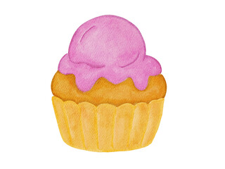 watercolor illustration of pink cupcake