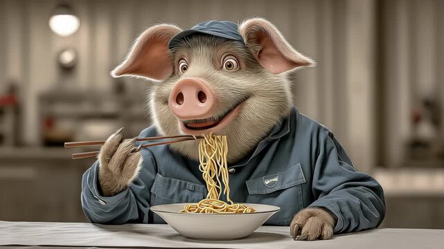 Cartoon pig is eating noodles with chopsticks. The pig is wearing a blue jacket and has a big smile on his face