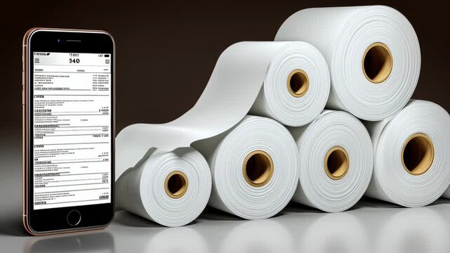 Cell phone is next to a stack of white paper. The phone is displaying a list of items, and the paper is stacked in a pyramid shape. Concept of organization and productivity, as the phone