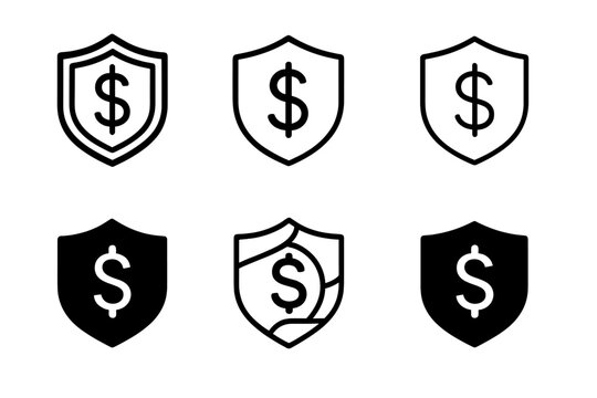 Market Stability Icons. Bonds and securities. Icon set. Set Logo of market stability: shield with dollar symbol. harmonious logo variations of the same