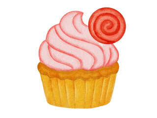 watercolor cupcake with pink icing illustration 