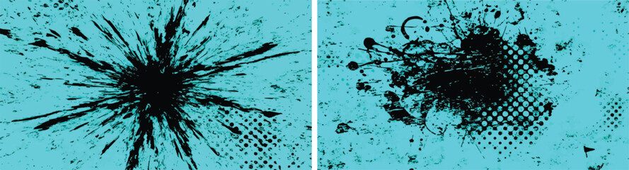 Black grunge ink explosion and splatter texture on bright cyan background with dynamic burst strokes and distressed halftone dots