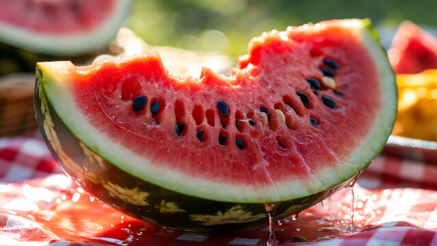 Bitten red watermelon slice with water splash, fresh picnic fruit on checkered blanket, sunny summer garden background, juicy healthy snack, for diet, vacation, party, food. - Powered by Adobe