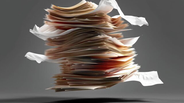 Pile of papers is on top of each other, with the top one being white. The pile is so high that it looks like it's about to fall over. Concept of chaos and disorganization