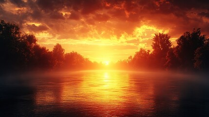 A breathtaking sunset over a tranquil river, bathed in fiery orange and golden hues with gentle mist rising from the water's surface, creating a serene and atmospheric landscape.