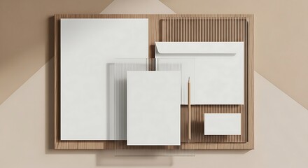 Professional corporate identity presentation with blank stationery, business card, and envelope on a textured wooden tray for branding mockups