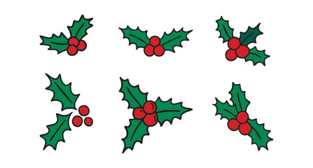 Christmas holly berries clipart set with leaves and clusters, classic holiday collection, hand drawn.