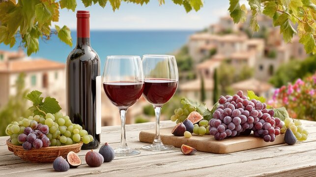 Mediterranean seaside table with wine two filled glasses bottle overflowing grape clusters fresh figs on wooden boards sunlit vine leaves framing coastal