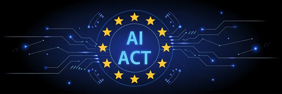European Union AI Act hologram concept with glowing digital circuit background and EU stars around futuristic interface globe symbolizing regulation. 3D. - Powered by Adobe