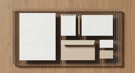 Elegant branding mockup with a complete stationery set for corporate identity display on a ribbed glass tray and wood surface