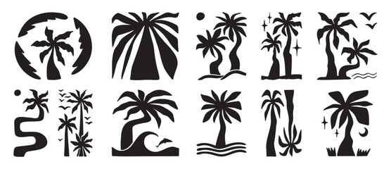 Doodle hand drawn palms boho trendy bold silhouette elements, hippie palm tree poster icon set