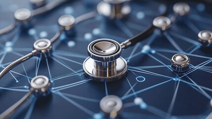 A conceptual representation of a digital healthcare network with a stethoscope at its center.