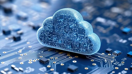 A conceptual image depicting a digital cloud symbol resting on a circuit board, representing cloud computing technology.