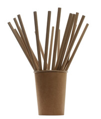 Pile brown paper drinking straw in paper cup isolated on white, clipping path, side view