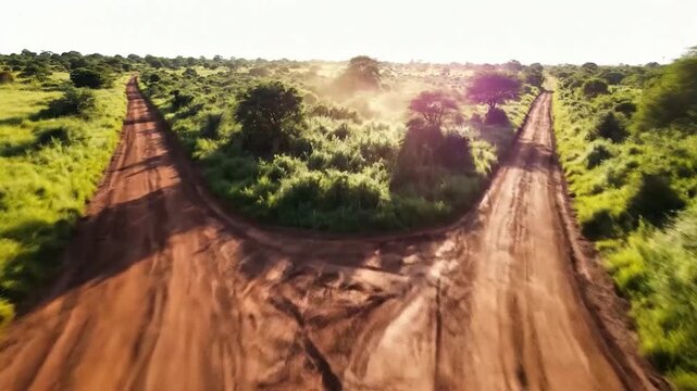Dirt road fork in lush green savanna landscape under bright sky showing choice of path