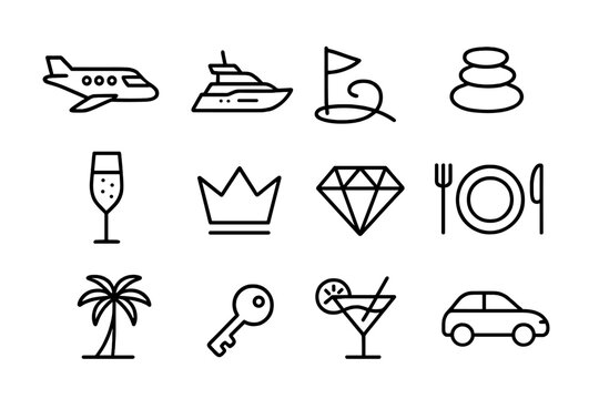 Exclusive Icon Set. Exclusive Experiences. Line icon set of Exclusive Experiences: private jet, yacht, golf flag, spa stone, champagne glass, crown, diamond,