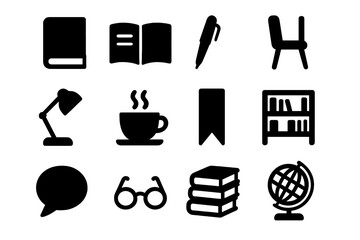 Reading Essentials Icons. Reading Group. Solid icon set of Reading Group: book, open notebook, pen, chair, lamp, coffee cup, bookmark, bookshelf, speech