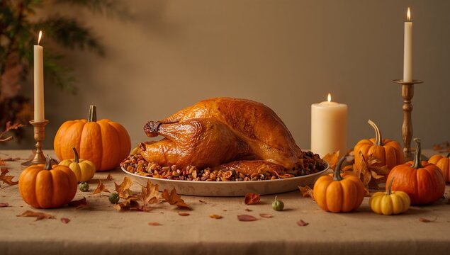 Beautifully decorated indoor Thanksgiving dinner table featuring roasted turkey, candles, pumpkins, and warm autumn decor in a cozy seasonal home setting - Powered by Adobe
