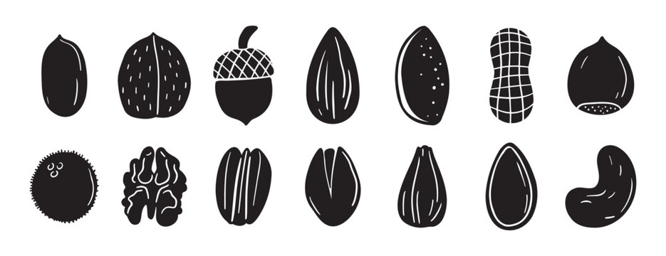 nuts silhouettes set. doodle hand drawn nuts design. black color