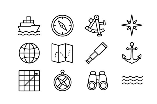 Ocean Navigation Icons. Ocean navigation. Line icon set of ocean navigation: ship, compass, sextant, North Star, globe, map, telescope, anchor,