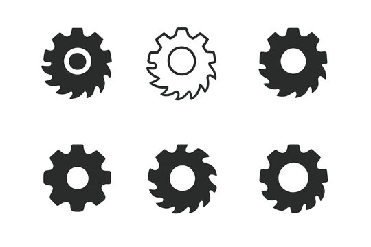 Power Saw Logo Variations. Power saw blade. Icon set. Set Logo of Power Saw Blade: mechanical gear merged with saw blade. harmonious logo variations of the