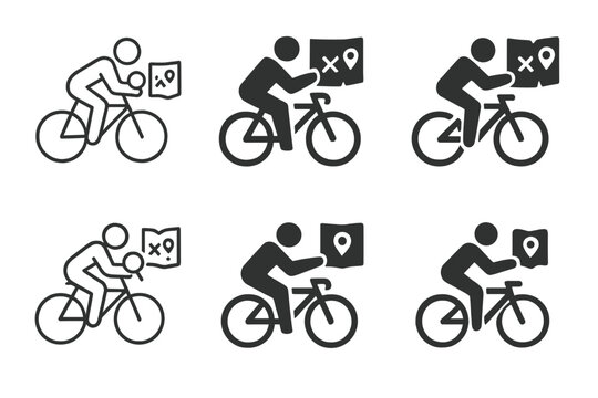 Bicycle Treasure Hunt Icons. bicycle treasure hunts. Icon set. Set Logo of bicycle treasure hunts: cyclist discovering a clue. harmonious logo variations of