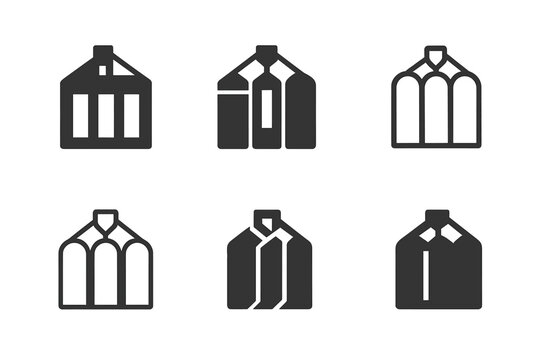 Grain Silo Logos. Grain silo. Icon set. Set Logo of grain silo: vintage wooden silo. harmonious logo variations of the same emblematic concept, each with