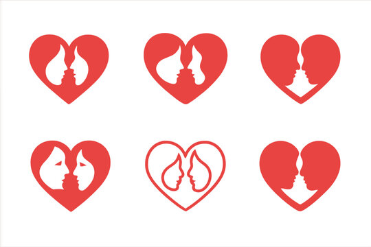 Heartfelt Logo Variations. Love. Icon set. Set Logo of Love: two faces forming a heart shape. harmonious logo variations of the same emblematic concept, each